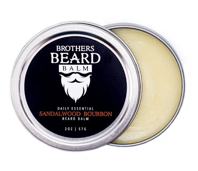 Brothers Beard Balm container with sandalwood bourbon scent on a white background