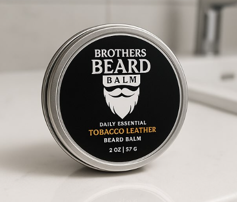 Tin of Brothers Beard Balm on a white surface