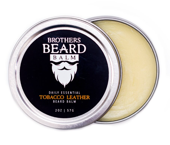 Beard balm container with visible label on a white background