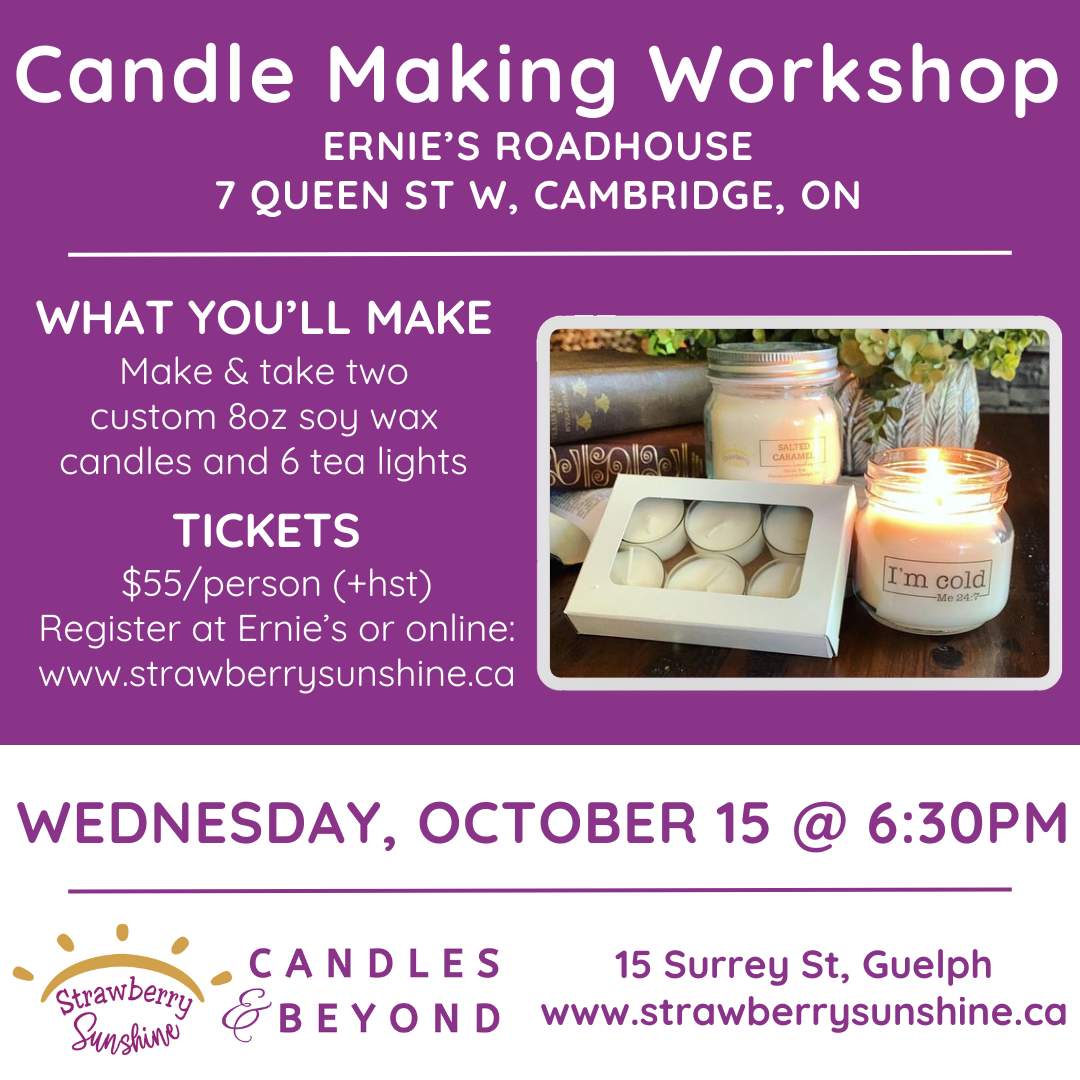 Advertisement for a candle making workshop at Ernie's Roadhouse with images of candles and text details.