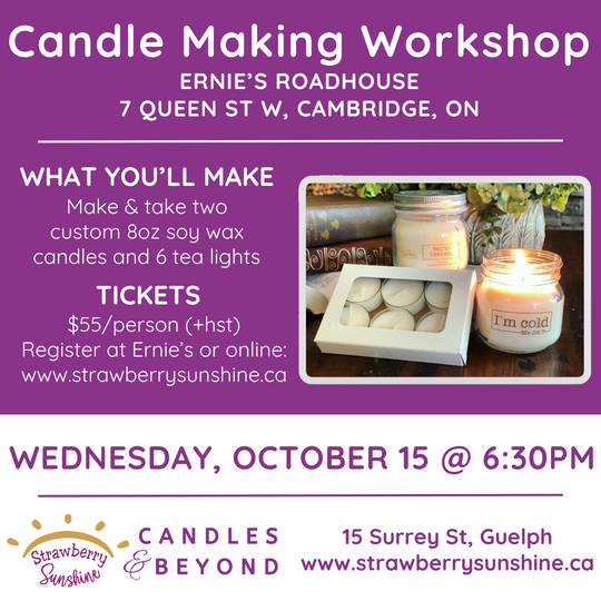 Advertisement for a candle making workshop at Ernie's Roadhouse with images of candles and text details.