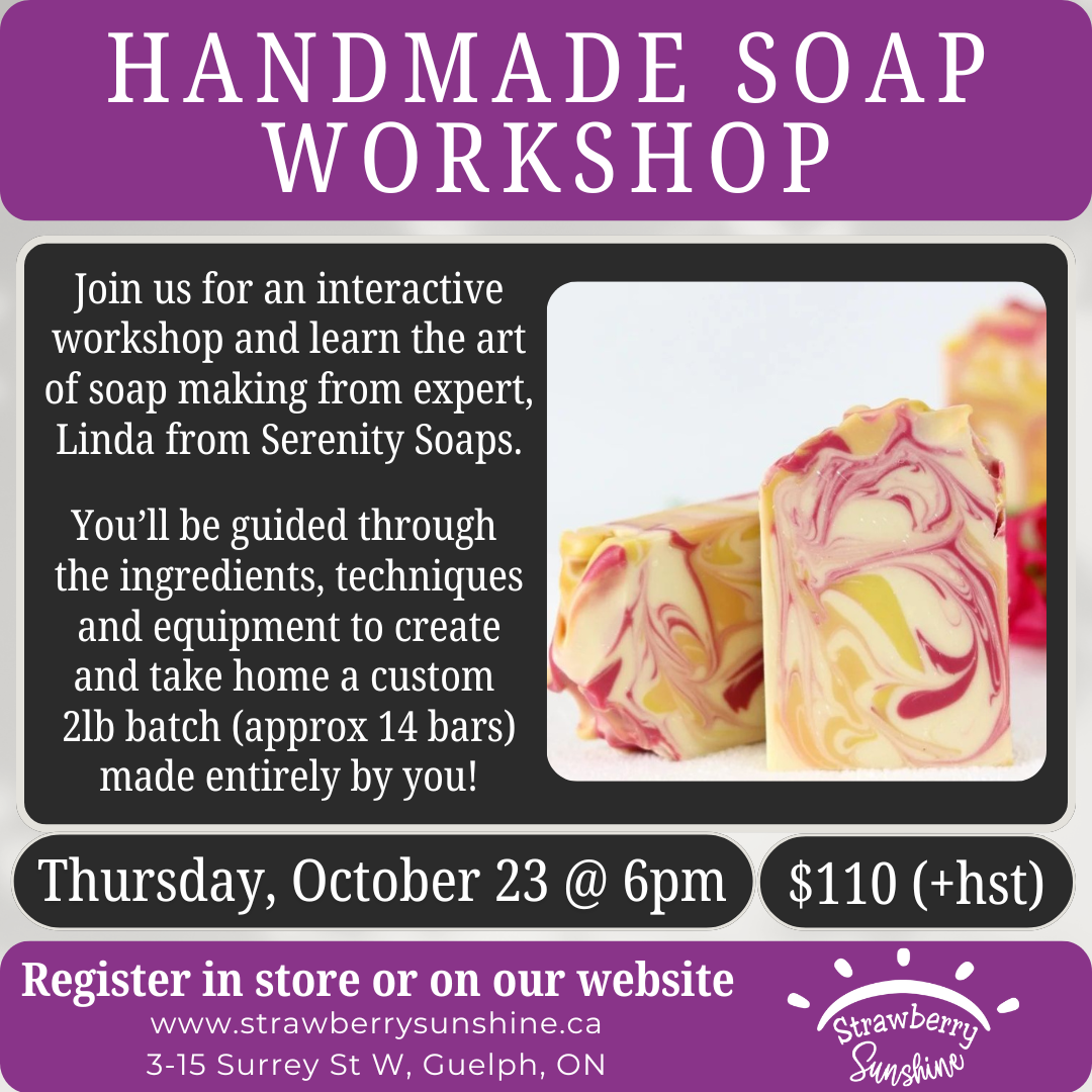 Handmade soap workshop with swirled soap bars and event details
