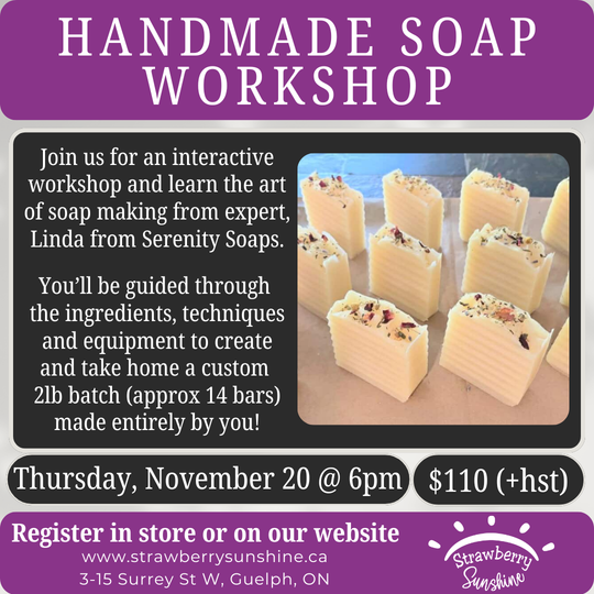 Advertisement for a handmade soap workshop with soap bars and event details.